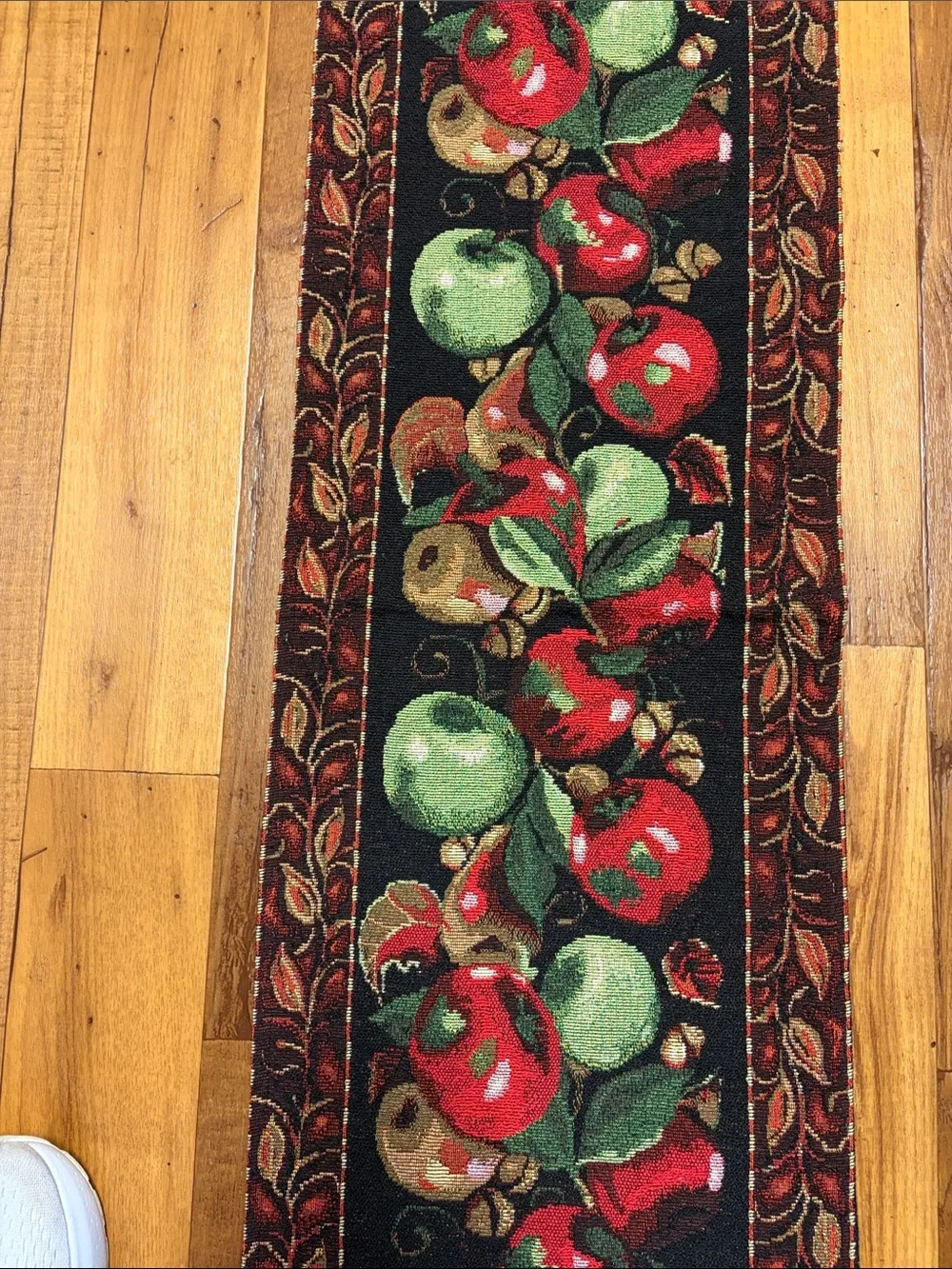 Vintage Tapestry Table Black Runner with Red and Green Apple Motif 64x12.5 EUC